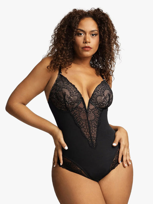 Body Gainant en Dentelle à Encolure Profonde en V avec Tanga Sculptant