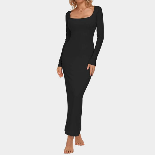 Robe Maxi Sculptante à Manches Longues et Col Carré